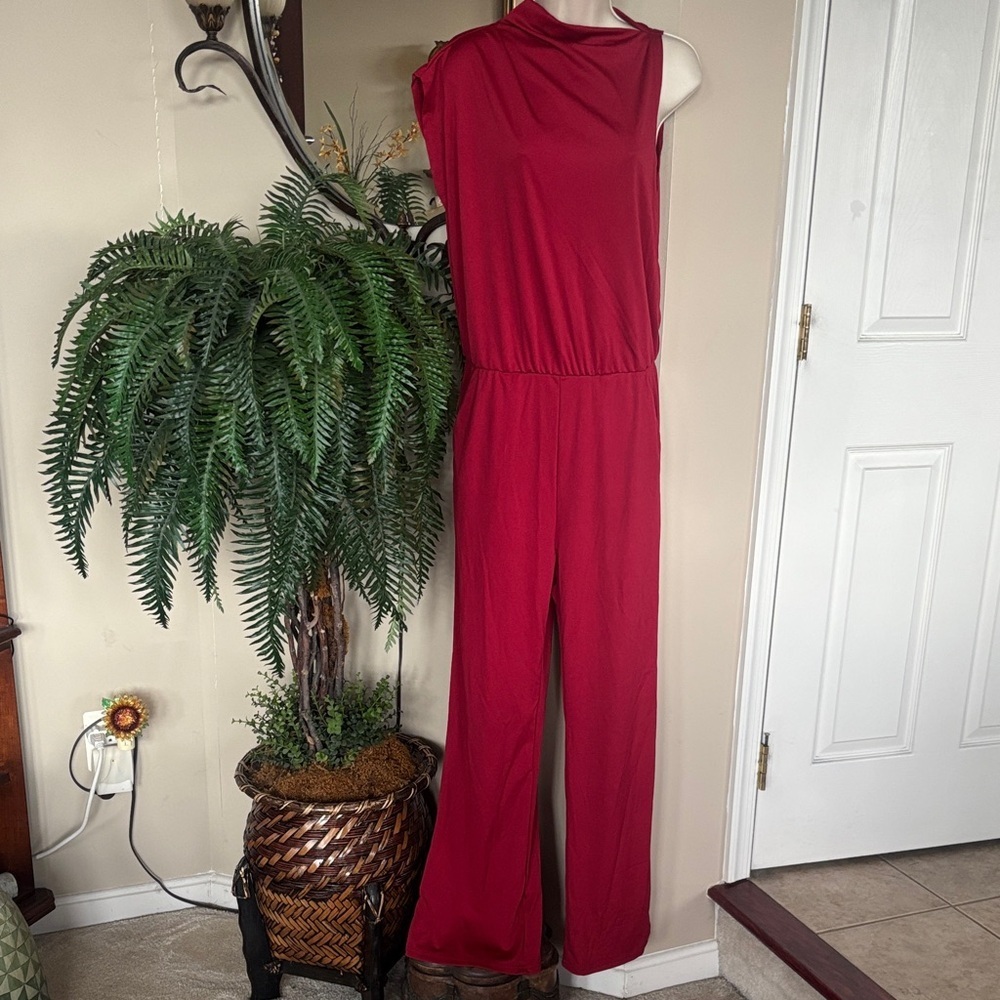 Red Sleeveless Jumpsuit Wide Leg Open Back High Neck Cinched Stretch Waist